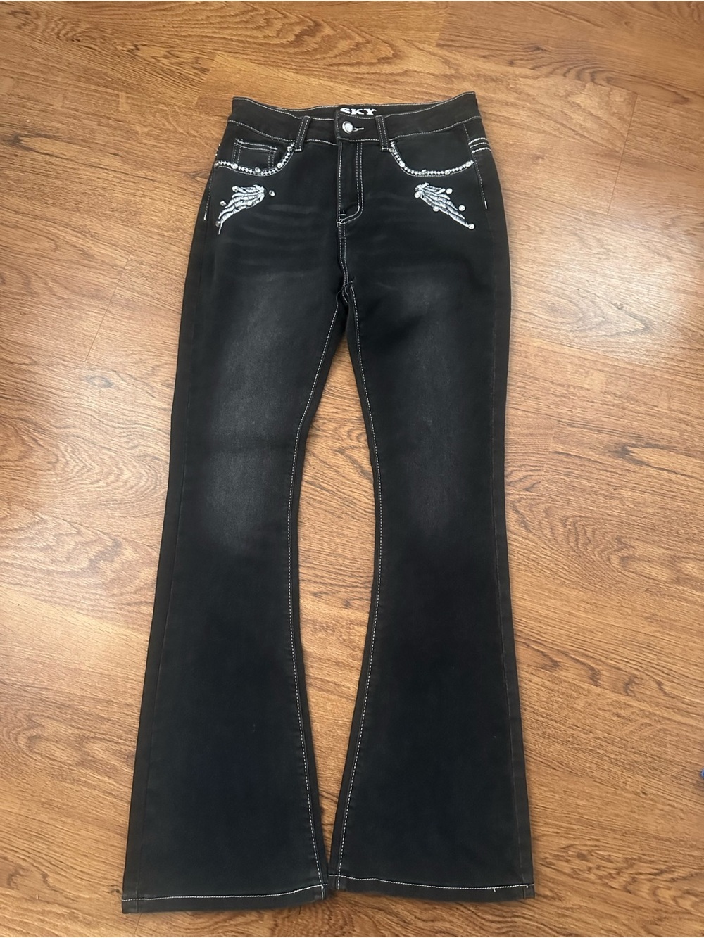 SKY Black Women's Bootcut Jeans with Embroidered rhinestones Pockets size 7